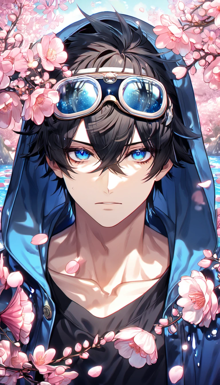 Ultra detailed, highres, absurdres, HDR, master piece, Gareki, messy hair, black hair, hair between the eyes, expressive blue eyes, Karneval, fantasy, pink petals, water, pink flowers, handsome, sexy man, solo, best quality, blossoms, blue shining fireflies, black shirt, a hooded blue coat, a pair of black goggles on the forehead