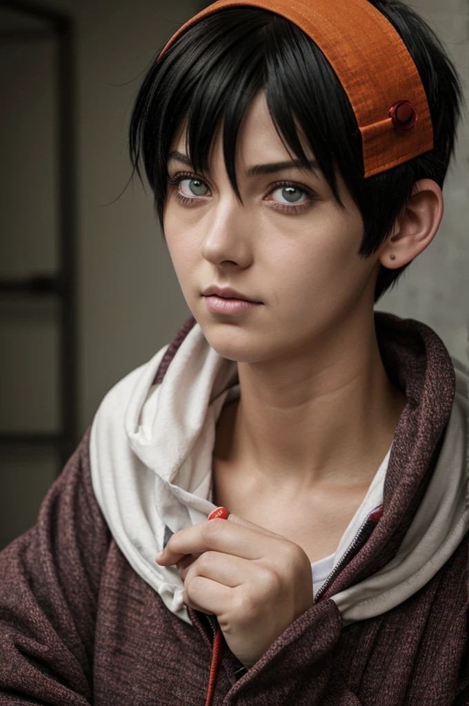 gender woman, Manga, black haired girl with wine red tips and tomboy cut hair, round and tender eyes with Heterochromia, one eye orange and the other eye emerald, a black spot on his left eye and bandages on his hands, Adam Sandler style baggy clothes and serious look 