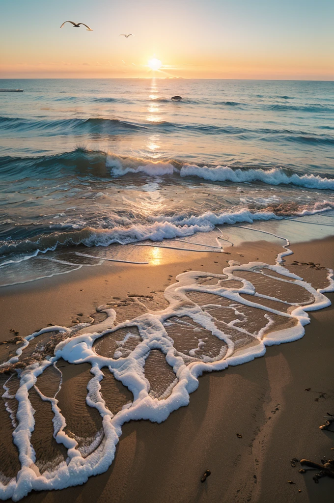 Paint a tranquil coastal sunrise, with gentle waves lapping against the shore, seagulls in flight, and the first light of day coloring the sky.