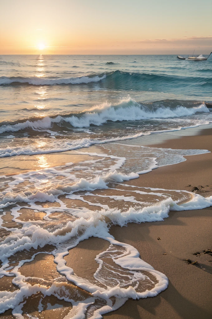Paint a tranquil coastal sunrise, with gentle waves lapping against the shore, seagulls in flight, and the first light of day coloring the sky.