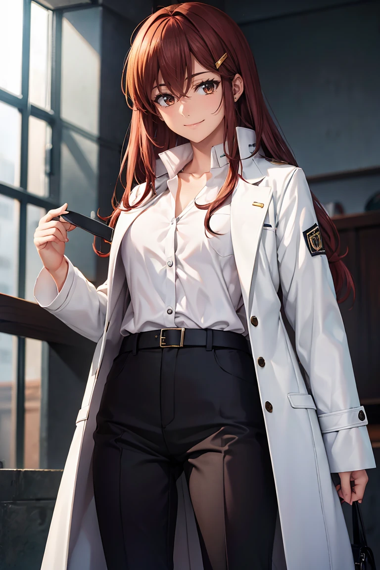 (masterpiece, best quality:1.2), shion shishibe, 1girl, black pants, buttons, coat, jacket, long sleeves, open clothes, open jacket, pants, shirt, solo, white jacket, brown eyes, reddish brown hair, coat, collarbone, hair ornament, jacket, labcoat, long hair, magenta clothes