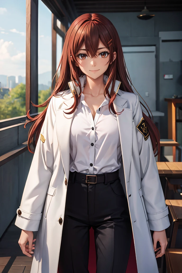 (masterpiece, best quality:1.2), shion shishibe, 1girl, black pants, buttons, coat, jacket, long sleeves, open clothes, open jacket, pants, shirt, solo, white jacket, brown eyes, reddish brown hair, coat, collarbone, hair ornament, jacket, labcoat, long hair, magenta clothes