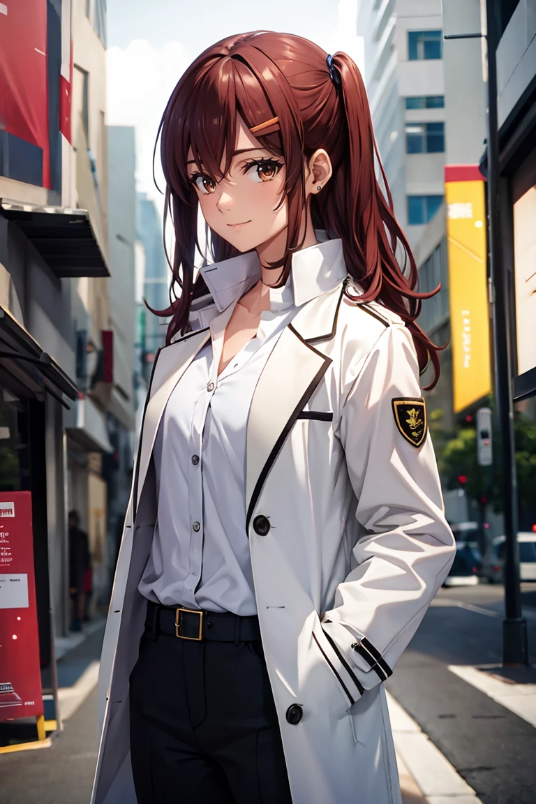 (masterpiece, best quality:1.2), shion shishibe, 1girl, black pants, buttons, coat, jacket, long sleeves, open clothes, open jacket, pants, shirt, solo, white jacket, brown eyes, reddish brown hair, coat, collarbone, hair ornament, jacket, labcoat, long hair, magenta clothes