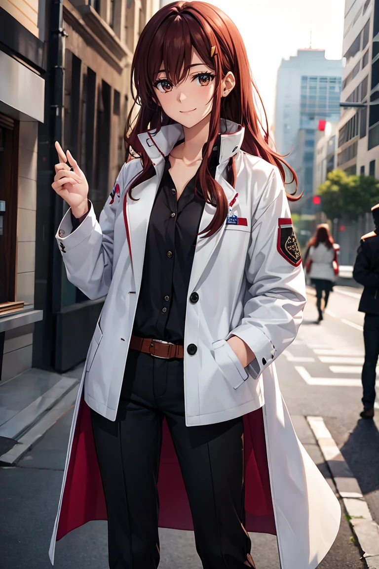 (masterpiece, best quality:1.2), shion shishibe, 1girl, black pants, buttons, coat, jacket, long sleeves, open clothes, open jacket, pants, shirt, solo, white jacket, brown eyes, reddish brown hair, coat, collarbone, hair ornament, jacket, labcoat, long hair, magenta clothes