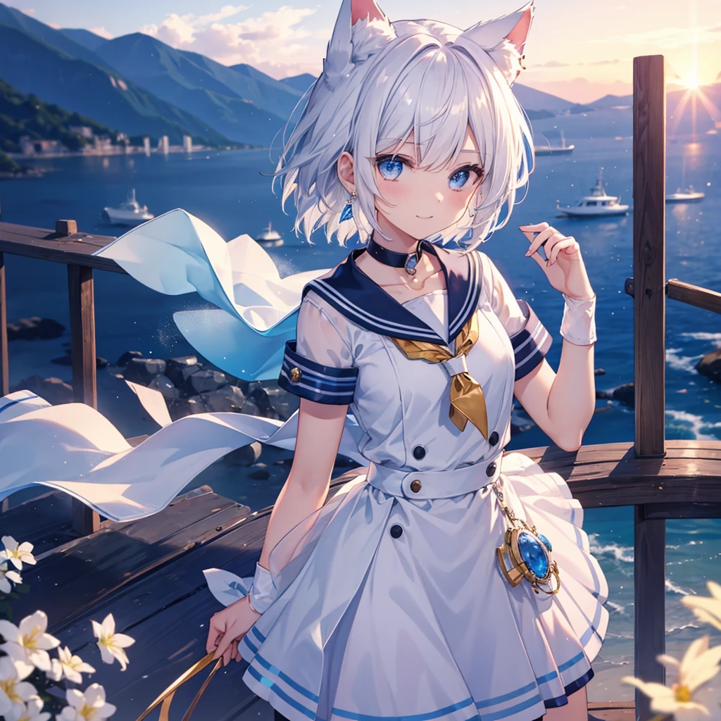 White Hair blue eyes short hair Have student Cat ear nice Blue Earrings necklace gloves beauty thin Sailor suit Fantasy smile sunset Fluffy hair