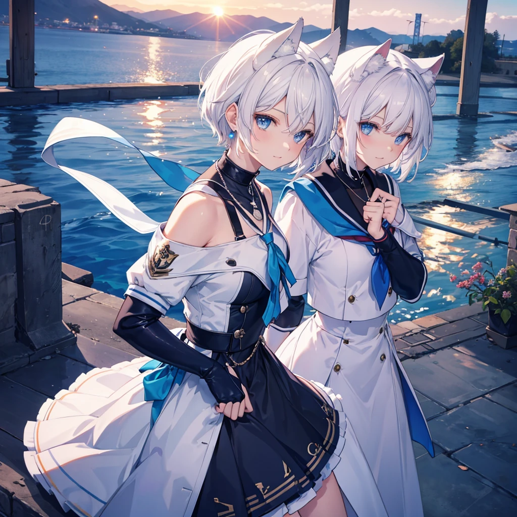 White Hair　blue eyes　short hair　Have　student　Cat ear　nice　Blue Earrings　necklace　gloves　beauty　thin　Sailor suit　Fantasy　smile　sunset　Fluffy hair