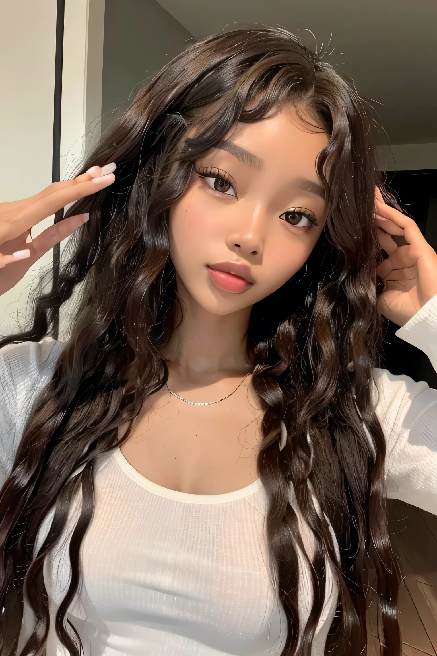 masterpiece, best quality, beautiful black and Asian mixed 19 year old, brown skin female, long, frizzy, curly black hair, perfect face, half body, long hair, melanin, curly dark hair