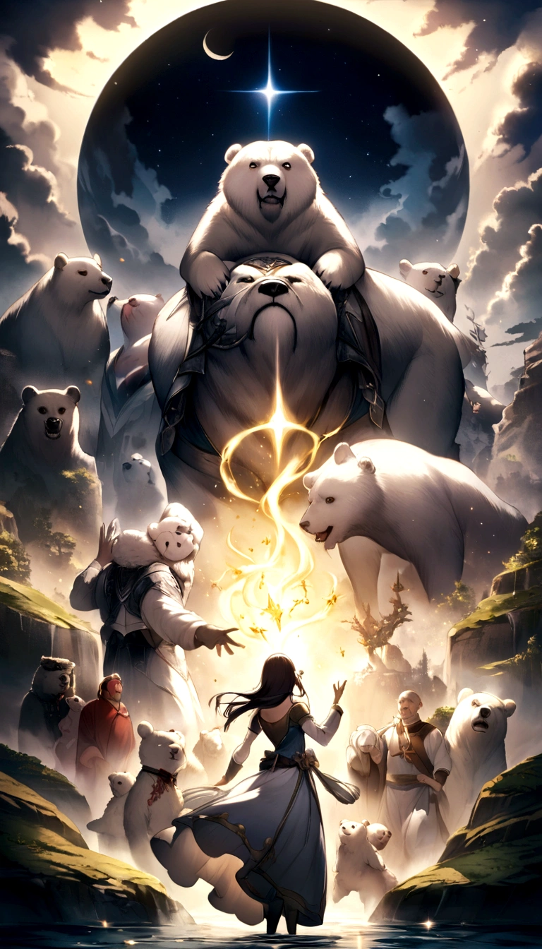 moon floating in the sea、Fantastical、sacred place、Beautiful fece,white bear