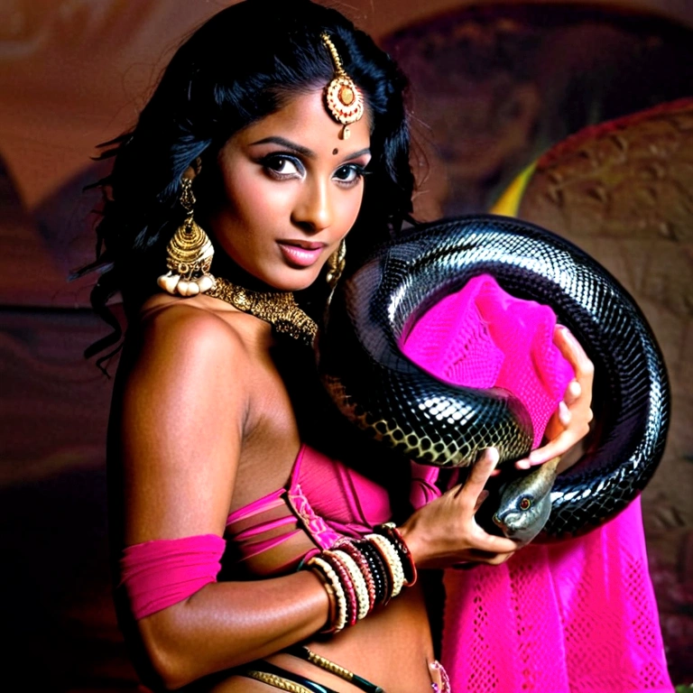 Topless Pink thong   Happy Horny, aroused 1girl), beautiful kneeling Indian   girl with  giant colossal black titanboa squeezing her hard, wrapped in thick spiraling coils, constricted, struggle, gasping for air, snake attack, snake peril, moonless night, dim light