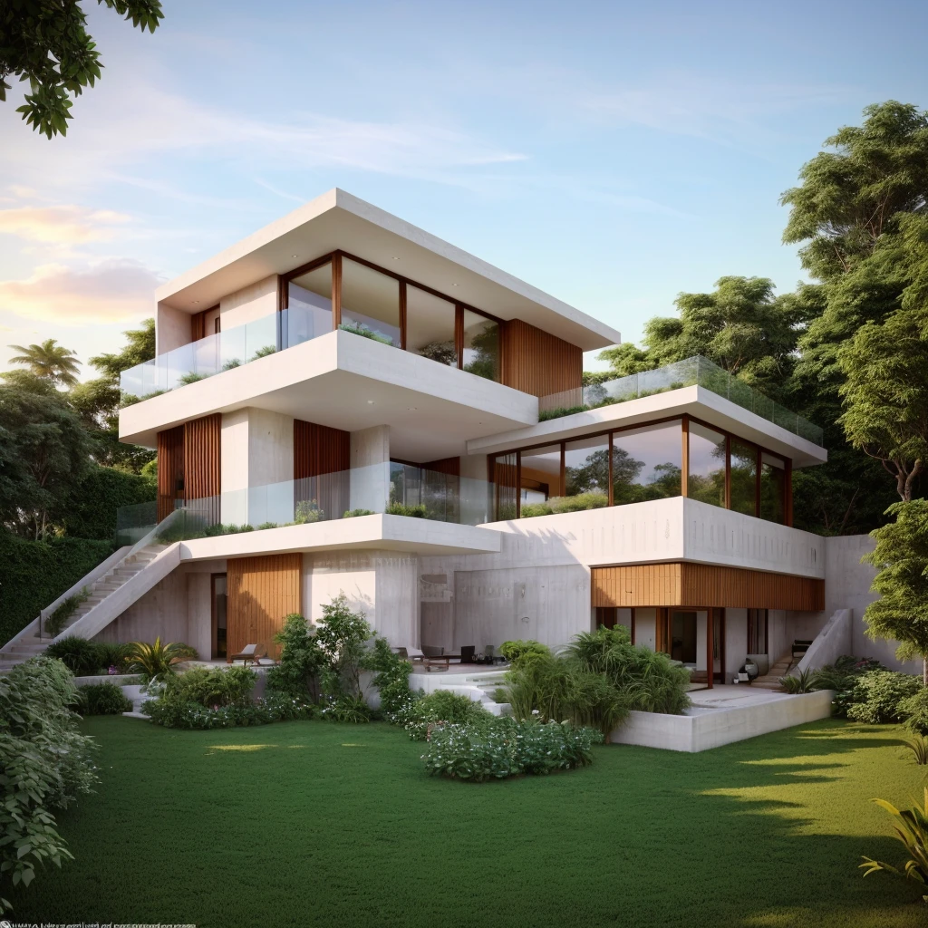 MODERN HOUSE locate on the uper hill, currly path way in front the house, white wall, concrete, glass windows, curtain wall,wood ceiling, small swiming pool under house, court outside, SUNSET