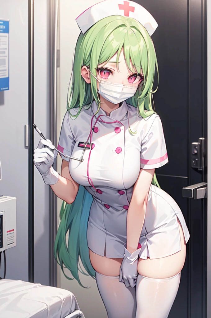 1woman, solo, nurse, white nurse cap, white nurse uniform, ((white legwear, zettai ryouiki)), white gloves, forehead, long hair, green hair, pink eyes, ((white surgical mask, covered nose)), standing, ((hospital room)), sharp outline, short sleeves, mature female, 35 years old, best quality, masterpiece