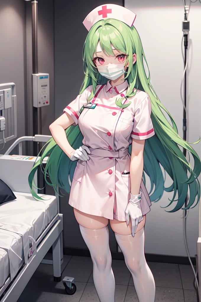 1woman, solo, nurse, white nurse cap, white nurse uniform, ((white legwear, zettai ryouiki)), white gloves, forehead, long hair, green hair, pink eyes, ((white surgical mask, covered nose)), standing, ((hospital room)), sharp outline, short sleeves, mature female, 35 years old, best quality, masterpiece