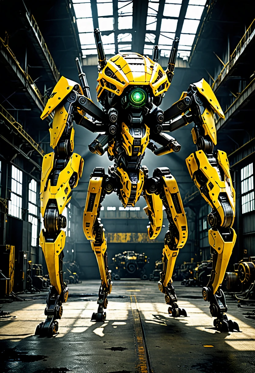 A giant mecha spider designed based on an enemy of a Metal Gear Solid character, in striking yellow and black with some rusty. high-contrast lighting, got missile launchers,the environment is a post-apocalyptic dark broken laboratory, with army and tank, the body gears adding depth. The scene's mood is tense and foreboding, alloy armor striking the color, with a metallic sheen reflecting exoskeleton. ultra realistic , ultra details with gears,