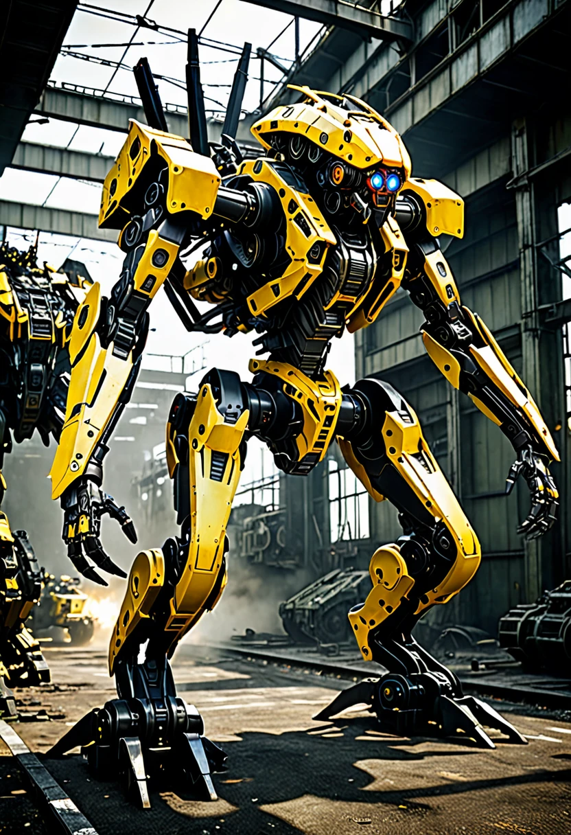 A giant mecha spider designed based on an enemy of a Metal Gear Solid character, in striking yellow and black with some rusty. high-contrast lighting,  got missile launchers,the  environment is a post-apocalyptic dark broken laboratory,  with army and tank, the body gears adding depth. The scene's mood is tense and foreboding, alloy armor striking the color, with a metallic sheen reflecting exoskeleton. ultra realistic , ultra details with gears,