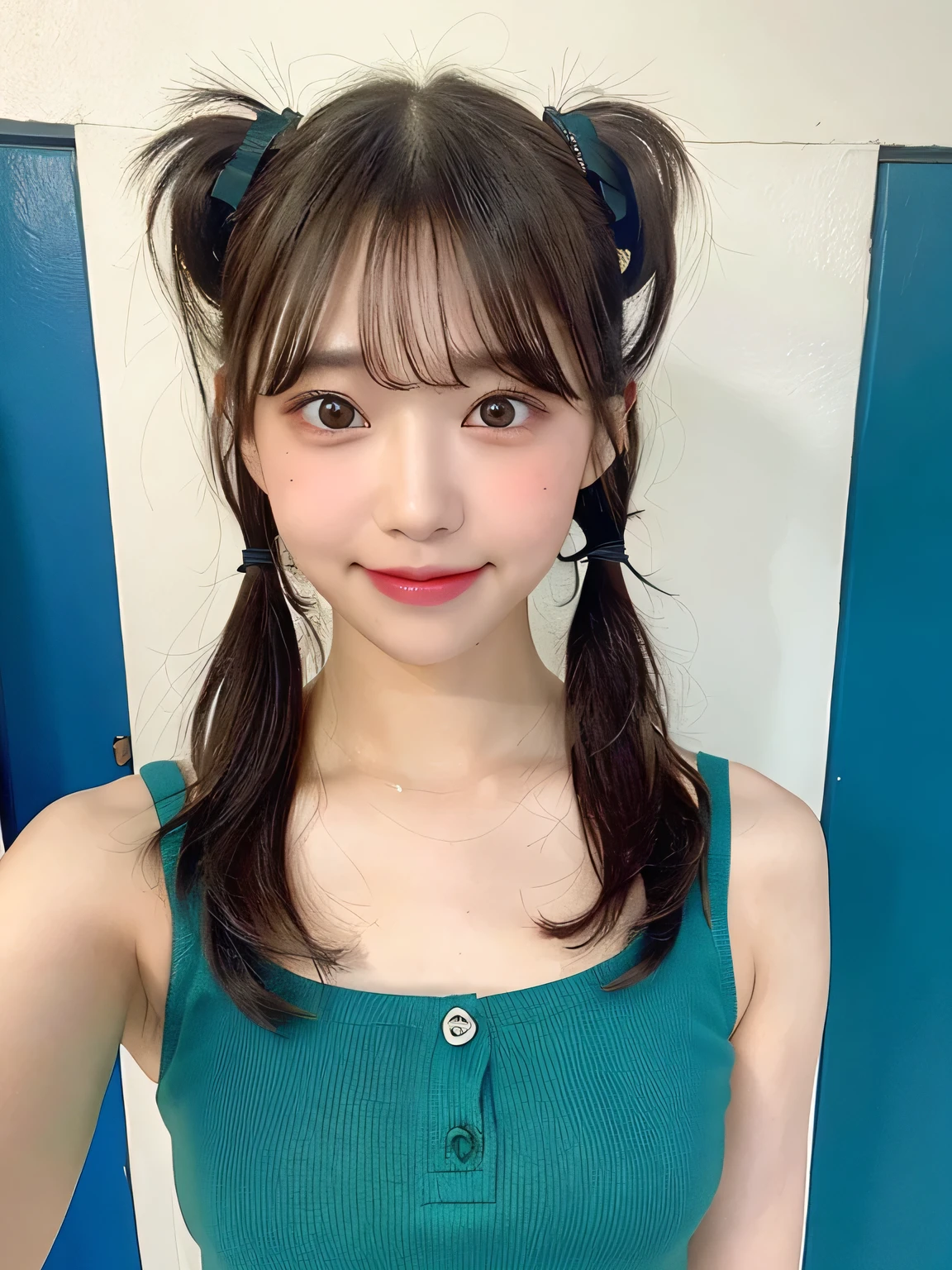 One person、14 years old、Full body photo、Twin tails、slender、woman、White drool coming out of the mouth、smile、Very short hairstyle、 Fair skin, messy hair, super cute、Soft and Face、8K resolution、Surreal、Ultra high definition、 A-cup small breasts（（Highest resolution、8K、masterpiece：1.3））、Ultra-fine face、Ultra Fine Lips、Beautiful Eyes、double eyelid,Light blue wall、Red tie、Green open front shirt、Red mini skirt、Thighs、thin,Thighsが見える、Shapely small breasts、