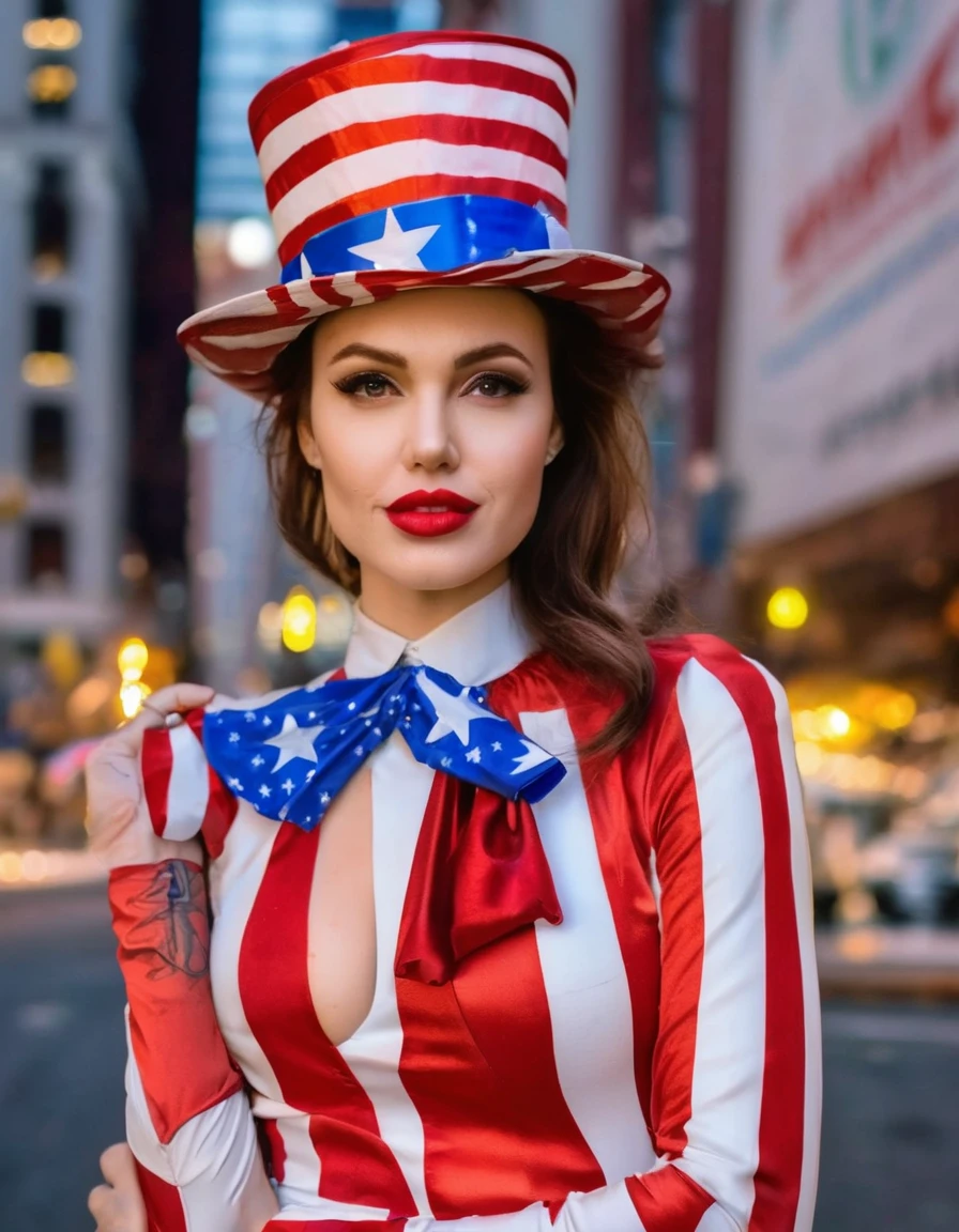 Professional fashion close-up portrait photography of a young beautiful woman like Uncle Sam in the city at night, uncle sam hat, terno do tio sam Nikon Z9, bokeh