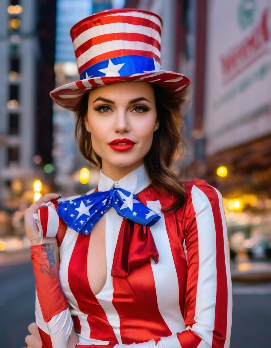 Professional fashion close-up portrait photography of a young beautiful woman like Uncle Sam in the city at night, uncle sam hat, terno do tio sam Nikon Z9, bokeh