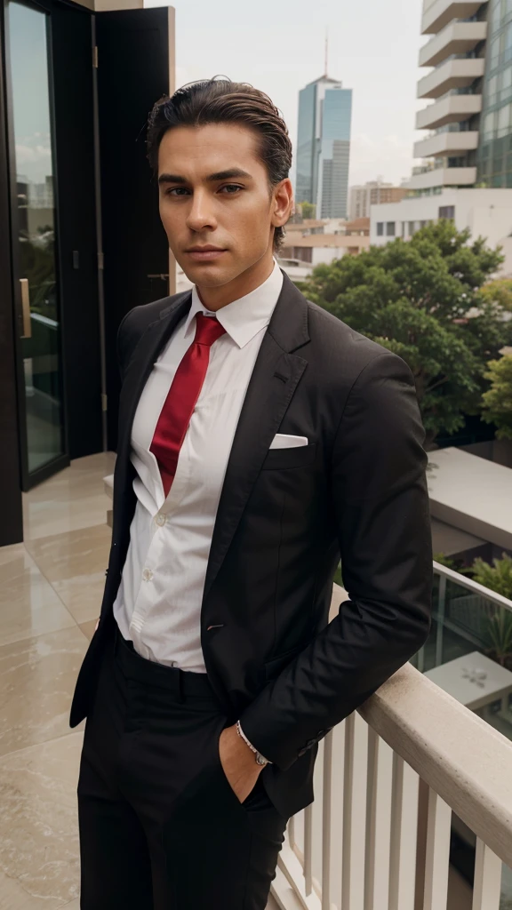 Claro, aqui está o prompt atualizado:

"A handsome and attractive man with a more masculine appearance, short straight hair slicked back, brown eyes, and lightly tanned skin. He is dressed in a classic, luxurious dark black blazer, white shirt, and a red tie, exuding power and confidence. He stands on the balcony of a modern luxurious house, with a view of a sleek and sophisticated cityscape in the background. The balcony features contemporary design elements, including glass railings and chic outdoor furniture. His face is highly realistic, capturing fine details and lifelike expressions."