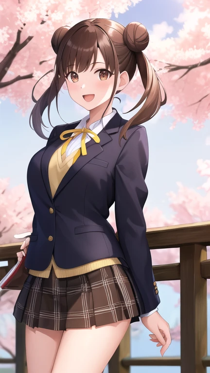 masterpiece, best quality, highres, aachiyoko, double bun, twintails, neck ribbon, yellow ribbon, collared shirt, sweater vest, blazer, black jacket, open clothes, long sleeves, plaid skirt, brown skirt, outdoor, cherry blossoms, smile, leaning forward, standing, cowboy shot, open mouth, arms behind back,