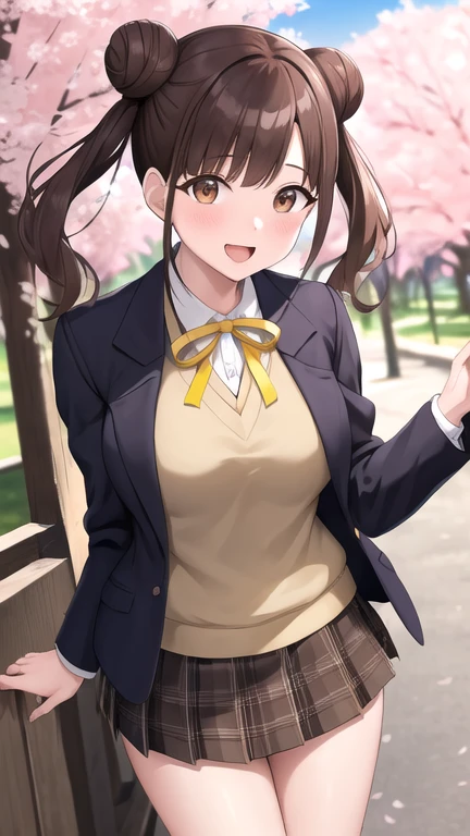 masterpiece, best quality, highres, aachiyoko, double bun, twintails, neck ribbon, yellow ribbon, collared shirt, sweater vest, blazer, black jacket, open clothes, long sleeves, plaid skirt, brown skirt, outdoor, cherry blossoms, smile, leaning forward, standing, cowboy shot, open mouth, arms behind back,