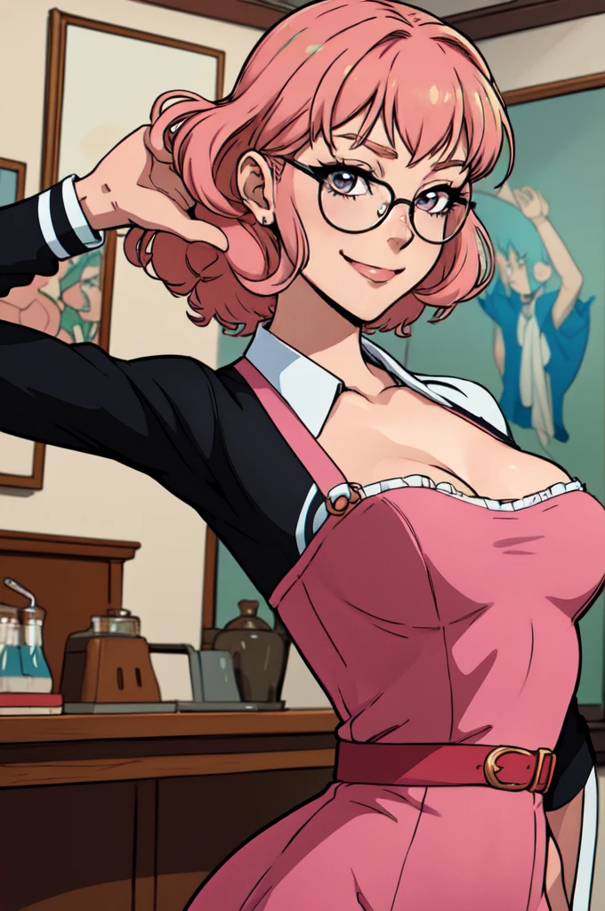 {-erro_de_anatomia:1.0}(best quality,4k,8k,highres,masterpiece:1.2) Anime girl tuxedo with curly  gold hair and round gold glasses, rose gold eyes. Guviz style art, attractive detailed art style, Charlie Bowater Style, 1 7 -  - old e anime girl, detailed manga style, detailed anime character art, germ of art. High detail, stunning manga art style. Rose dress. (pink dress) . Wearing rose gold Victorian clothing, dynamic poses, smile. Different Pose, upper body