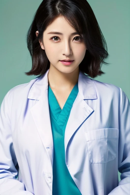 1girl, solo, looking at viewer, black hair, Japanese female doctor, (open labcoat), teal scrubs, brown eyes, parted lips, white thighhighs, cowboy shot, standing