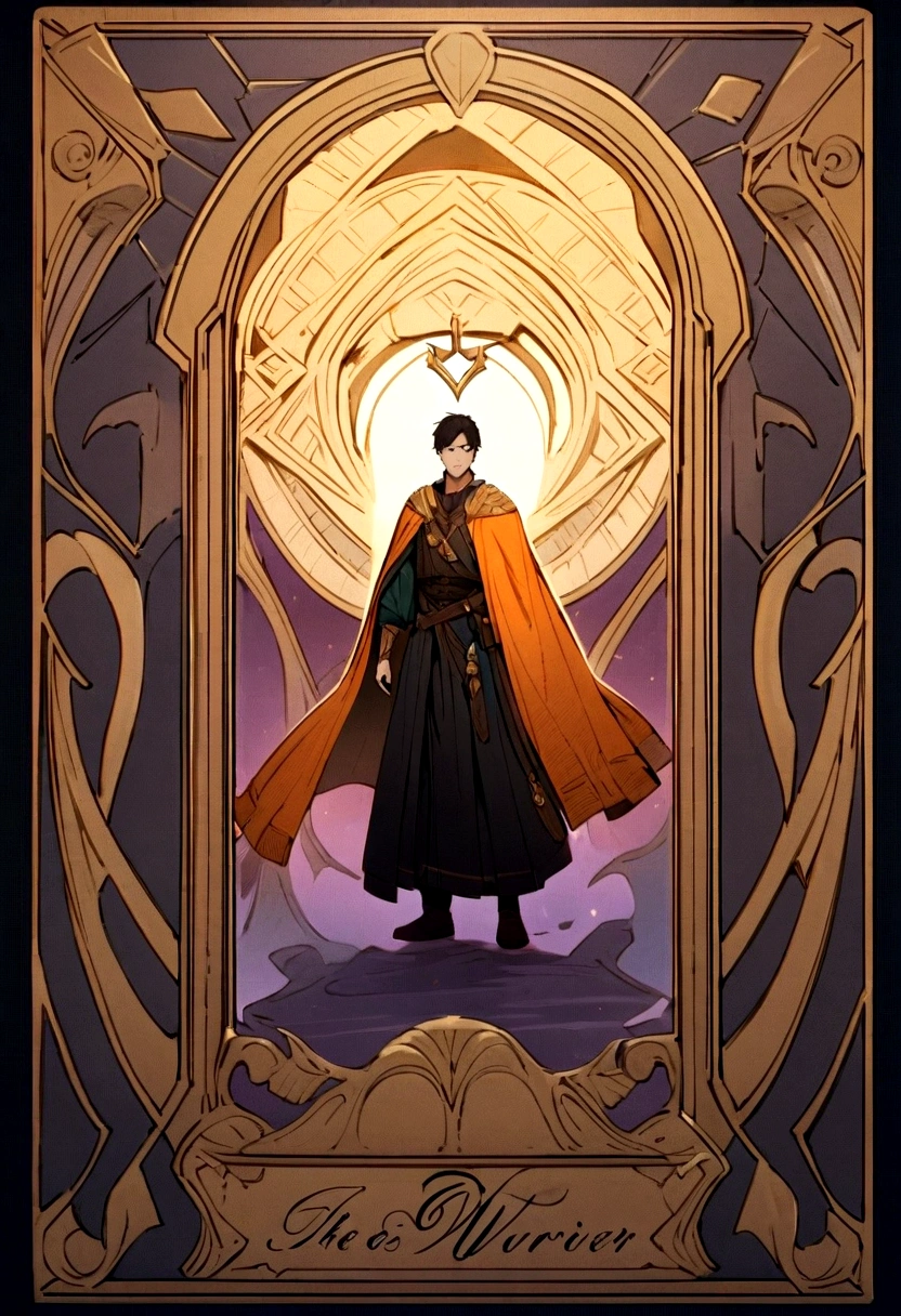 Visual Composition: A young ordinary boy is standing in the foreground, looking up with a sense of wonder. Above him, a ghostly figure of an epic magic warrior with orange armor and a purple sword is floating, exuding power and mystery. The background is dark and mysterious, with hints of ancient ruins and magical symbols.

Typography: The book title "Intangível" is written in a bold, fantasy-inspired font, with a slight gradient effect to add depth. The author's name is written in a more elegant, cursive font, placed at the bottom of the cover.

Layout: The boy is placed in the center of the cover, slightly off to the side, with the ghost warrior positioned above him. The title and author's name are placed at the bottom, creating a balanced composition.

Materials: The cover material is a textured, matte paper stock, giving it a tactile and premium feel.

Explanation: The visual composition of this design aims to capture the essence of the book's genre by juxtaposing the ordinary with the extraordinary. The placement of the boy and the ghost warrior creates a dynamic and eye-catching composition, while the dark and mysterious background sets the tone for the fantasy elements of the story. The typography choices complement the overall design, with the bold and fantasy-inspired font for the title and the elegant cursive font for the author's name. The choice of a textured matte paper stock as the cover material adds a tactile element to the design, enhancing the reader's experience.