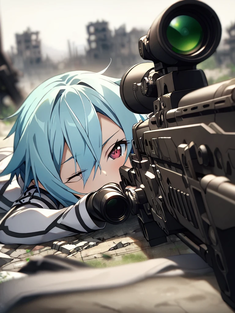 (masterpiece),(Highest quality),(High resolution),(Very detailed),One Woman,Japanese, Sinon from Sword Art Online, blue hair, white scarf, ,whole body,BREAK(((aim at something with a black sniper rifle))),((Close one eye and look through the scope))(Lying down),((Sniper Rifle)),(The background is a destroyed city),(((Background Blur)))