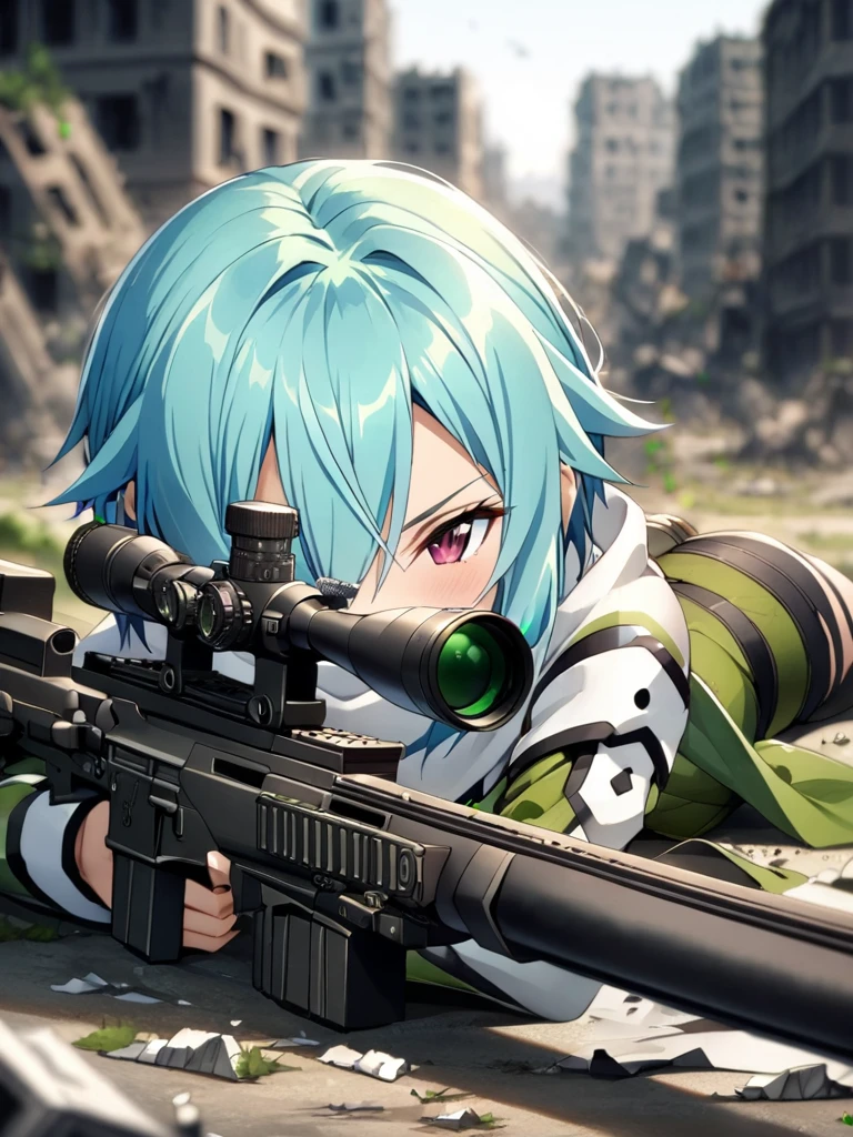 (masterpiece),(Highest quality),(High resolution),(Very detailed),One Woman,Japanese, Sinon from Sword Art Online, blue hair, white scarf, ,whole body,BREAK(((aim at something with a black sniper rifle))),((Close one eye and look through the scope))(Lying down),((Sniper Rifle)),(The background is a destroyed city),(((Background Blur)))