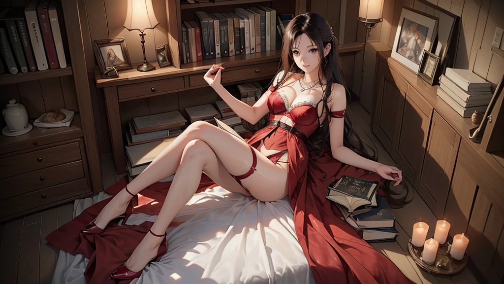 ((Biologically correct limb count))、((Full Body Shot, Full-body photo including face、Head to toe photos))、4K、masterpiece、((Focus on the face))、((Symmetrical facial features))、Eyes of meticulous depiction、One beautiful woman、Excellent style、((Panties and bras、Garter belt and garter stockings、(High heels)))、Detailed Description、Small earrings、necklace、High angle、Looking up、A deep red wedding dress with her panties showing、(((足のBook数は2Book)))、Hands clasped