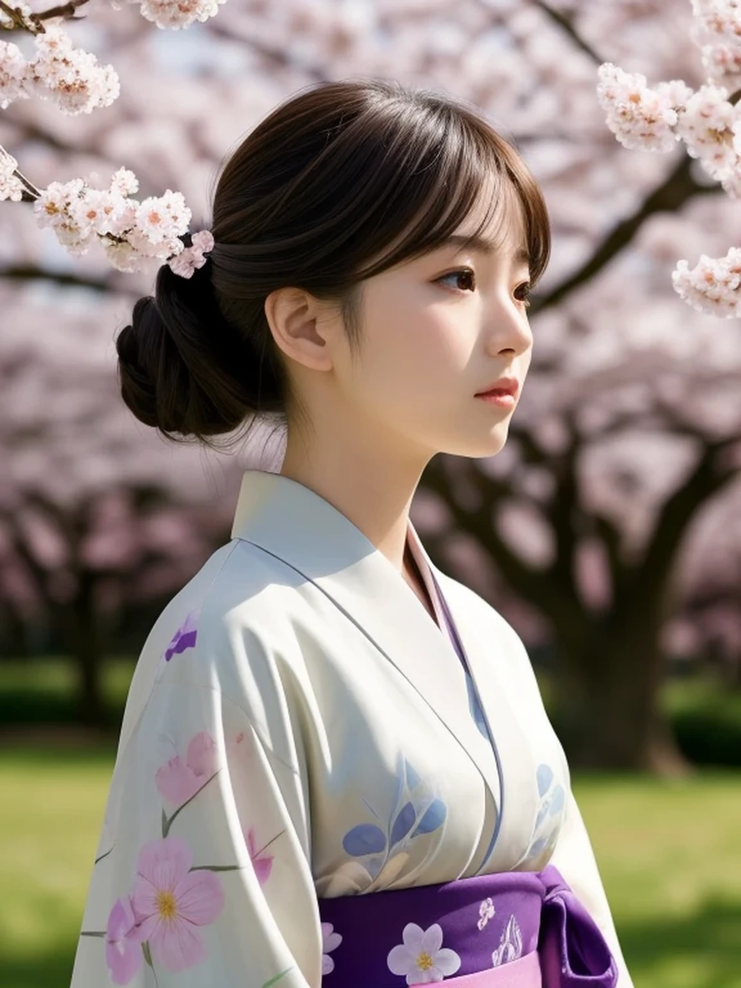 1 Japanese girl, (looking away:1.4), (upper body shot:1.2), Beautifully detailed eyeballs, catchlight in the eyes, Realistic digital painting of a woman portrait, Shy, Cute, open mouth to say something, sad, brown eyes, (half updo,:1.1), (light brown brunette hair:1.3), (Highly detailed skin:1.2), Mystical style, Global Illumination, Traditional Japanese floral printed Kimono, A silk kimono with a deep navy base. A garden with many blooming Cherry blossom trees