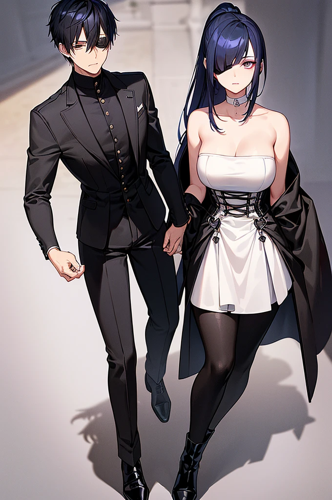 (masculine) (android) (only one person) (25 years) (appearance of a young adult) (his hair is navy blue, accompanied by lighter blue highlights, which she keeps tied up in a long ponytail that reaches to her waist. His bangs are cut into a long fringe that falls over the right side of his face and almost covers his right eye.. (a tall young man, about 24 years old) (thin complexion and sepia skin, which stands out for giving it a strange appearance. Its visible eye is sharp and periwinkle with long eyelashes and the same diamond-shaped pupil.,his clothes were black, in the torso, wore a corset. negro, and tight black pants, He wore boots that reached a little above his knees., He wore an eyepatch over his right eye., He had black gloves and a black cape with a little feathers and the clothes had an opening that showed his pectorals.) (background of a clear sky with vegetation and is on a balcony)