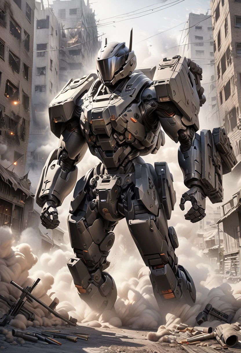 a humanoid military robot 2 meters tall with a helmet-shaped head and goggle mono-eye, detailed highly bullet-resistant reactive urban camouflage faded armor, backpack holding weapons and ammunition, Gatling gun on one arm with bullet supply belt and empty cartridges, ruined town background with fog, gunpowder and dust, tension, (best quality,4k,8k,highres,masterpiece:1.2),ultra-detailed,(realistic,photorealistic,photo-realistic:1.37),concept art,ultra-fine painting,movie-like lighting
