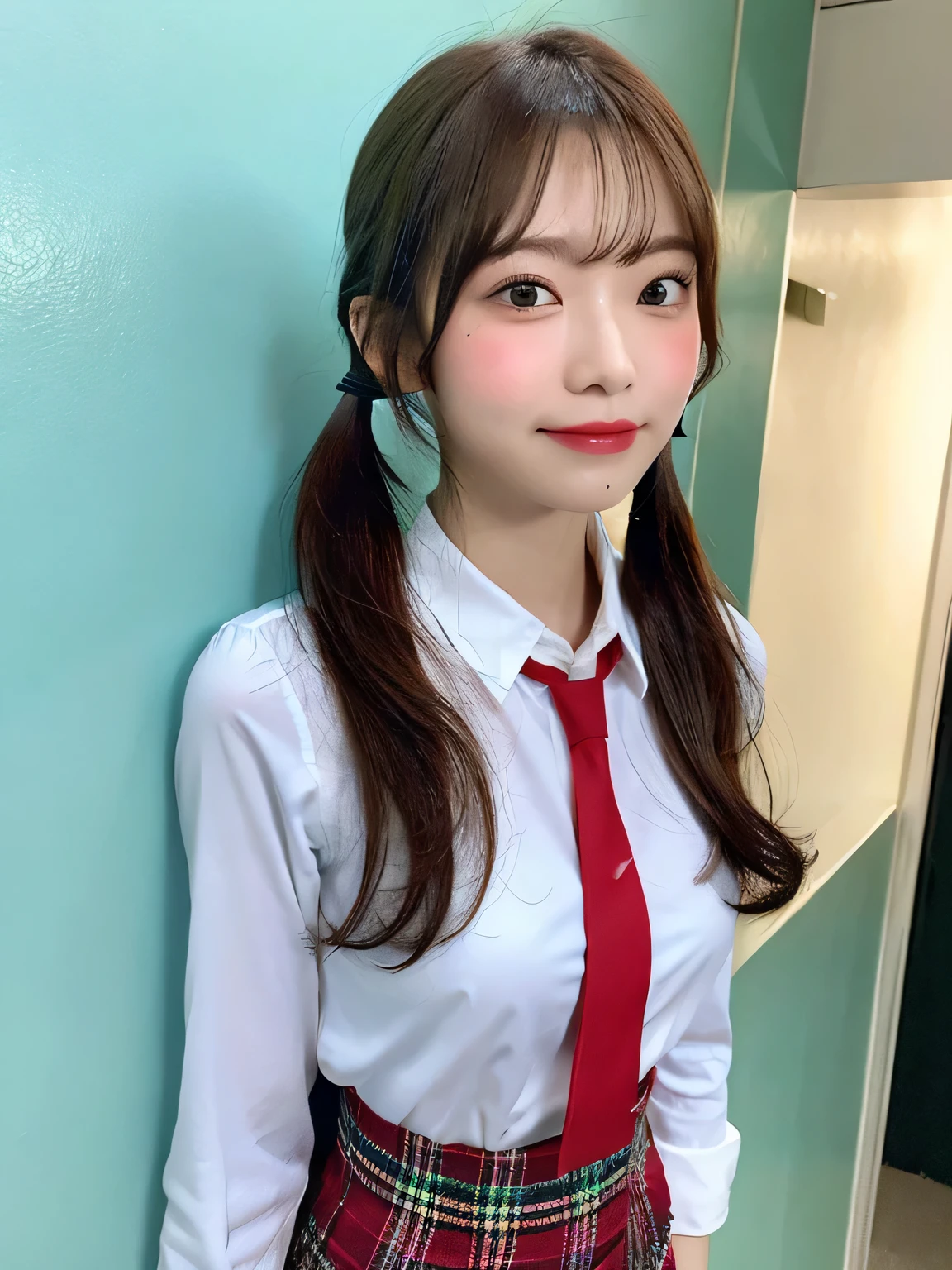 One person、、Full body photo、Twin tails、slender、woman、White drool coming out of the mouth、smile、Very short hairstyle、 Fair skin, messy hair, super cute、Soft and Face、8K resolution、Surreal、Ultra high definition、 A-cup small breasts((Highest resolution、8K、masterpiece:1.3))、Ultra-fine face、Ultra Fine Lips、Beautiful Eyes、double eyelid,Light blue wall、Red tie、Green open front shirt、Red mini skirt、Thighs、thin,Thighsが見える、Shapely small breasts、