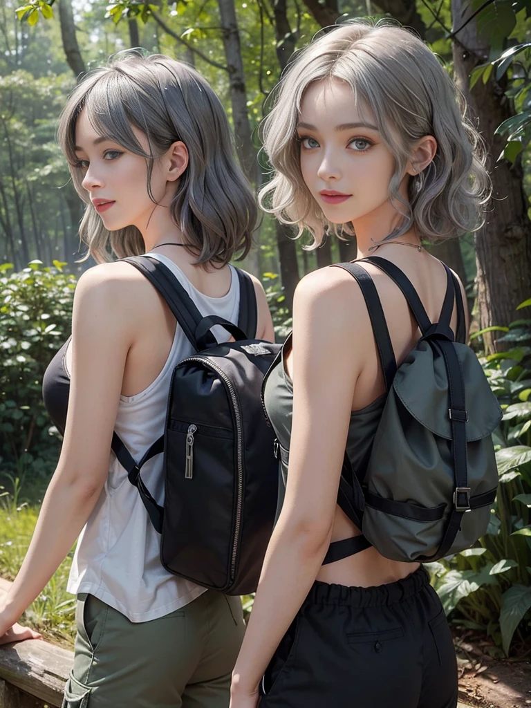 ((masterpiece)), ((best quality)), (ultra-detailed), ((extremely detailed)), 4K, (8K), best quality, a beautiful woman, (( gray hair)),  ((curly bob cut)), hair in 7 thirds, light blue eyes, detailed skin, freckled skin, 20 years old, ((wavy hair)), ((hair over one ear)), ((Forehead)), ((1girl, solo))

In the woods, hiking, white tank top, navel out, moss green cargo pants, ((carrying a large black backpack)), huge trees, ((from the side)), smiling, looking at me.