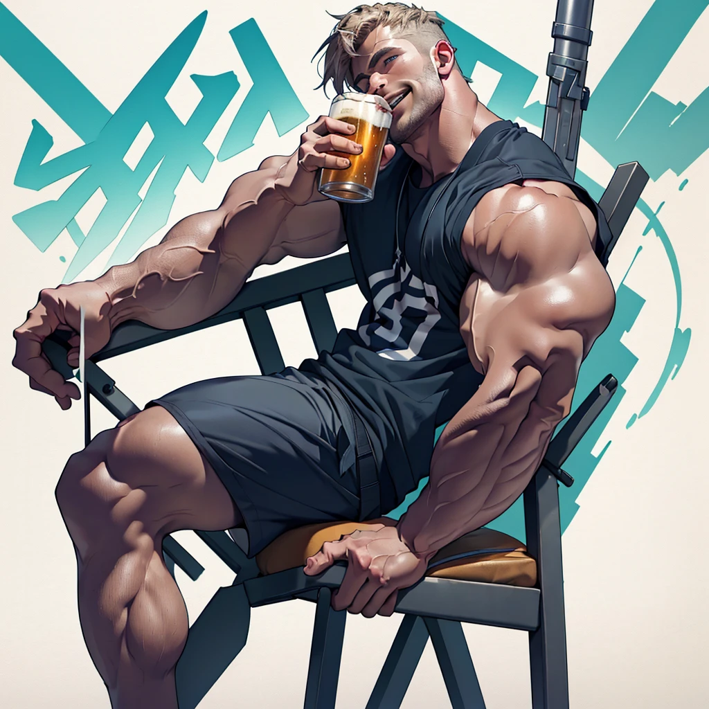 8k , masterpiece,  solo man , 1 man only , detailed face , detailed fingers,  detailed muscles,  detailed background,  chris hemsworth as thor relaxing on a chair with spreadlegs ,showing muscles and bulge  smiling , satisfied from his victory,  wearing his hero outfit , near him his hammer , drinking a glass of beer 