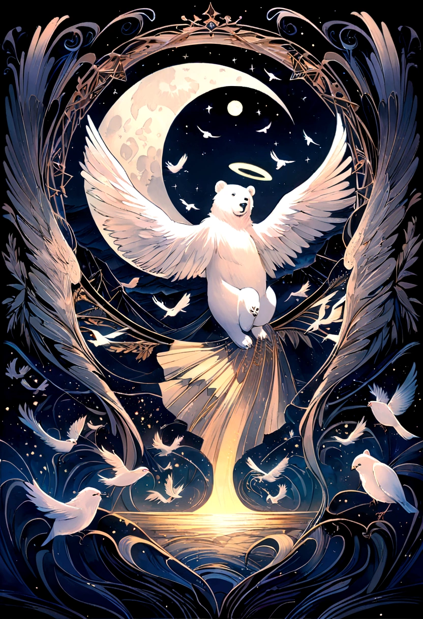 In a moonlit night,white bear,a mesmerizing scenery unfolds—a flock of birds gracefully soaring amidst the monogram art. The birds' wings feathered with intricate details intensify their beauty as they glide through the air in perfect harmony. The moon, adorned with a halo of soft light, casts a gentle glow over the landscape, adding an ethereal touch to the scene. The monogram art, with its refined craftsmanship, creates a captivating visual narrative, seamlessly merging traditional and contemporary elements. The artwork's medium, a combination of digital and hand-drawn techniques, infuses the scene with a unique