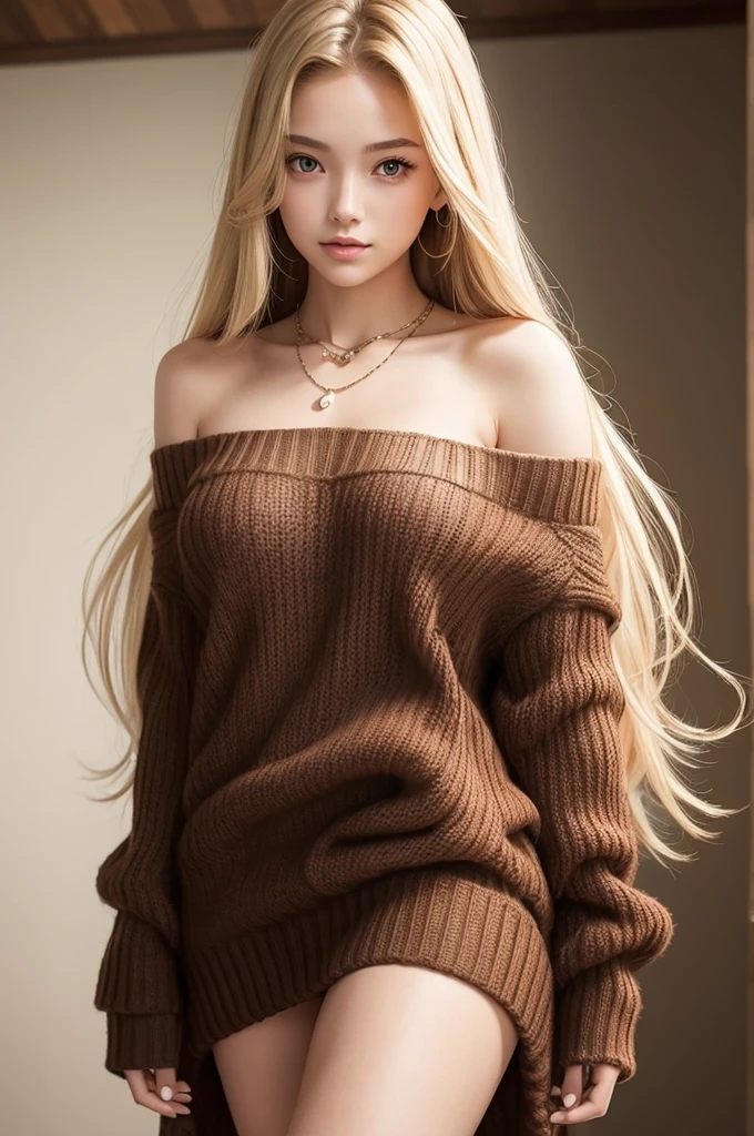 1girl in, 19, Solo, Long hair, Colossal , Looking at Viewer, blondehair, Bare shoulders, Brown eyes, jewely, Full body, a necklace, off shoulders, Sweaters, Realistic, A sexy