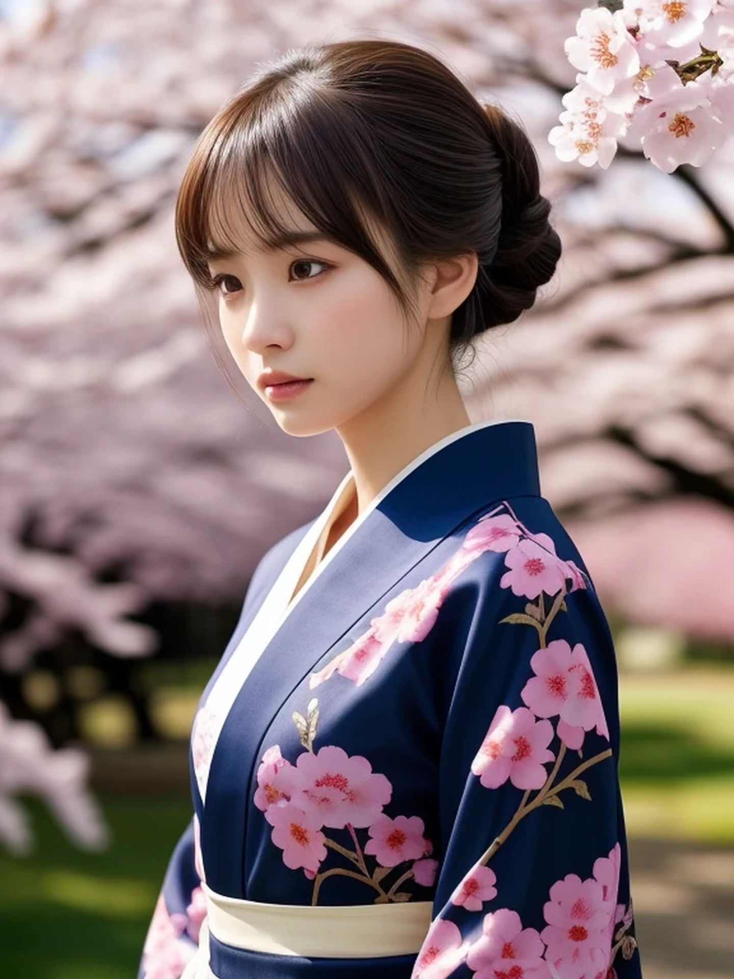 1 Japanese girl, (looking away:1.4), (upper body shot:1.2), Beautifully detailed eyeballs, catchlight in the eyes, Realistic digital painting of a woman portrait, Shy, Cute, open mouth to say something, sad, brown eyes, (half updo,:1.1), (light brown brunette hair:1.3), (Highly detailed skin:1.2), Mystical style, Global Illumination, Traditional Japanese　floral printed Kimono, A silk kimono with a deep navy base. A garden with many blooming Cherry blossom trees