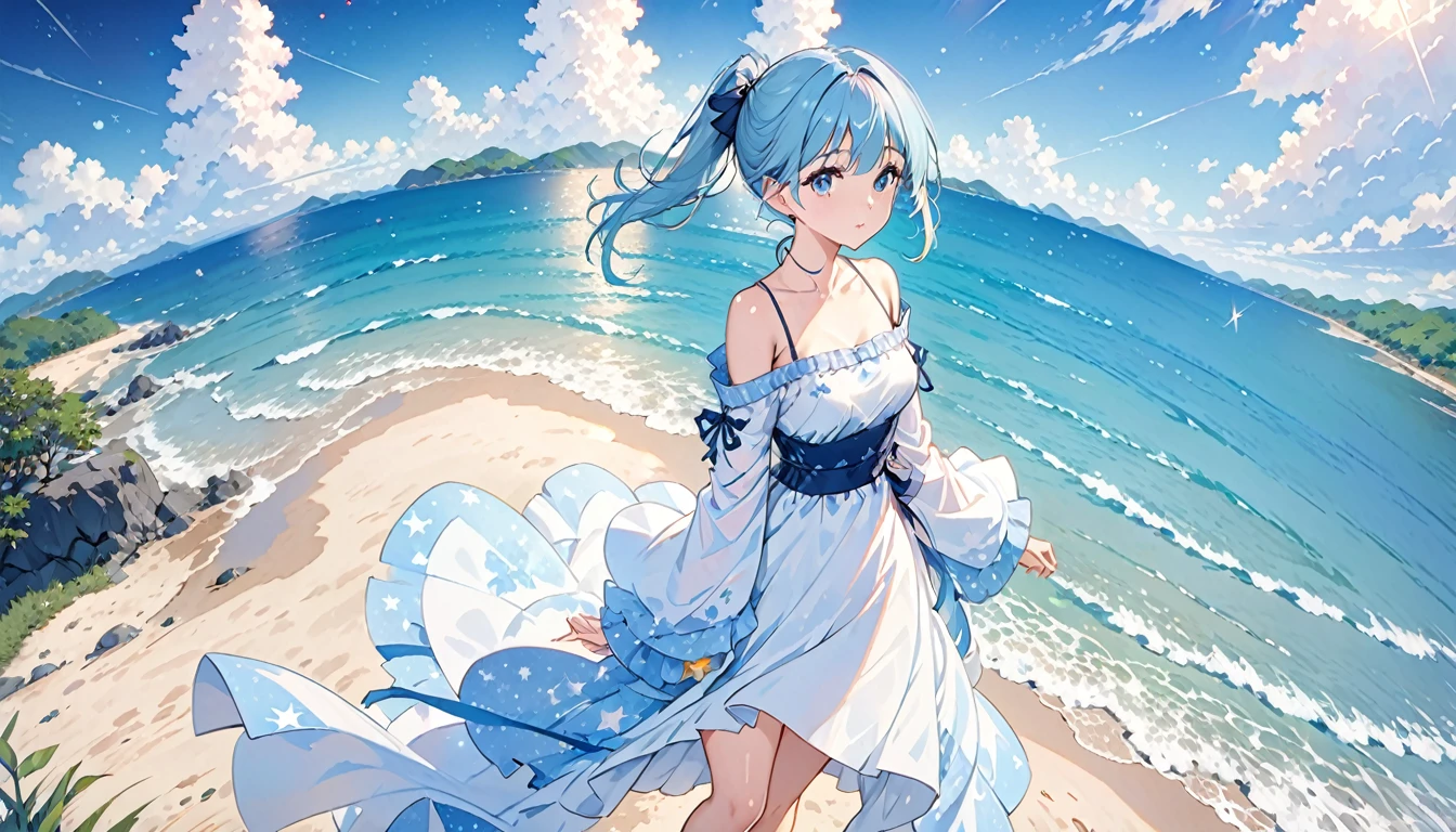 (Highest quality、8K、masterpiece、Super detailed:1.2)、Cinematic Angle、Cowboy Shot、Particles of light、Sparkle、Beautiful details in the eyes、Shiny skin、Shiny Hair、Light blue hair、Good eyes、Side Ponytail、Starry sky print、 Day、まだらのDay光、Blue sky、Beautiful Clouds、Beach、Wide Shot、Depth of written boundary、Blurred、Ocean、Distant islands、 1girl, solo, sexy, rib, cute, clavicle, (whole body)