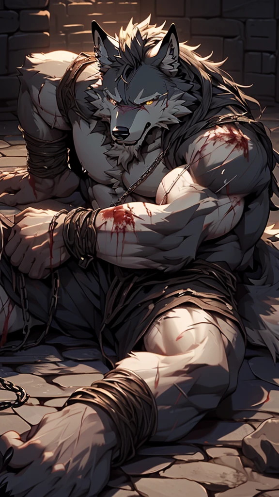(best quality), (photorealistic:1.2), (masterpiece:1.3), (realistic detail:1.2), highest quality, ultra detailed, 8k, RAW photo, (mature male wolf:1.3), (general),(defeated),(damaged body),(extreme detail:1.3), (gray fur:1.2), facial hair, long hair, white braided hair, (blood:1,6),(elderly:1.2), (emaciated:1.3), ????, (muscular:1.3), (battered body:1.4), bleeding, (heavily scarred:1.4), shackled, (chained:1.4),(chains wrapped around his arms), (dungeon:1.3), (???????:1.3), (extreme pain:1.5), (semiconscious:1.3), (lying on ground:1.3), (weak:1.4), (suffering:1.5), (dim lighting:1.2)