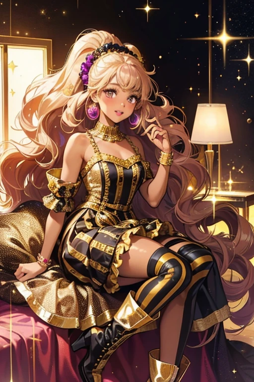 She has dark brown skin and brown eyes. Her lipstick is violet and she has a very light blush. Her glittering gold hair is worn in large Afro puffs, and she has short straightened bangs. She wears a glittering gold and black striped frilly dress with black boots. SPARKLE; GLITTER