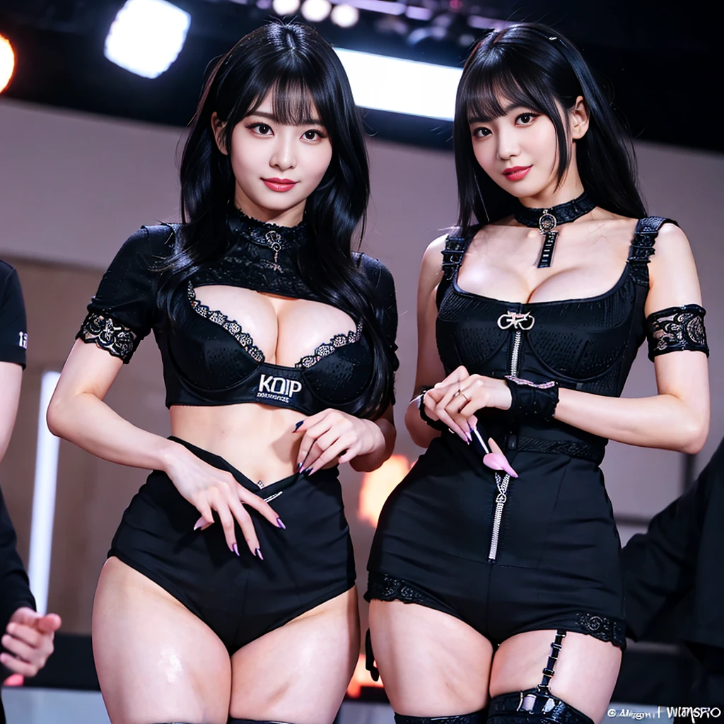 Highest quality,masterpiece,Very detailed, 8K,Beautiful 27 year old Japanese woman:1.5, Small face, blunt bangs, Breast Augmentation Surgery, (Detailed black K-pop idol outfit:1.5), Very detailedな臭い脇の下、 Live Stage、 height:164cm