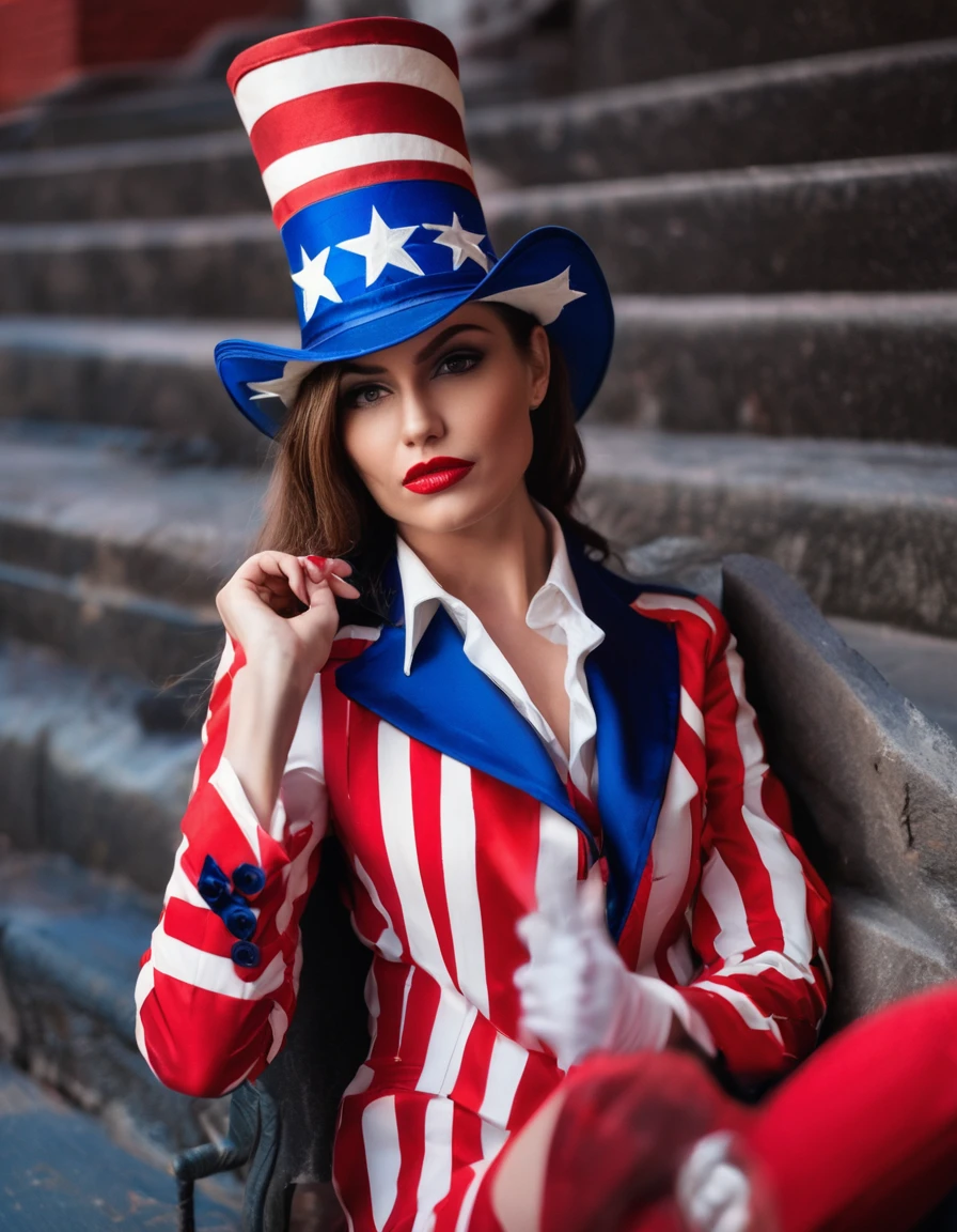 Professional fashion close-up portrait photography of a young beautiful woman like Uncle Sam in the city at night, uncle sam hat, uncle sam suit, in a side pose, combat pose, fighting pose against someone, nikon z9, bokeh