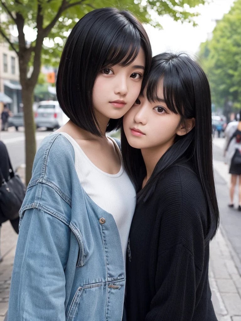A girl with black hair bob and a girl with long black hair layered cut.
The background is a street tree.
a head-to-chest photo.