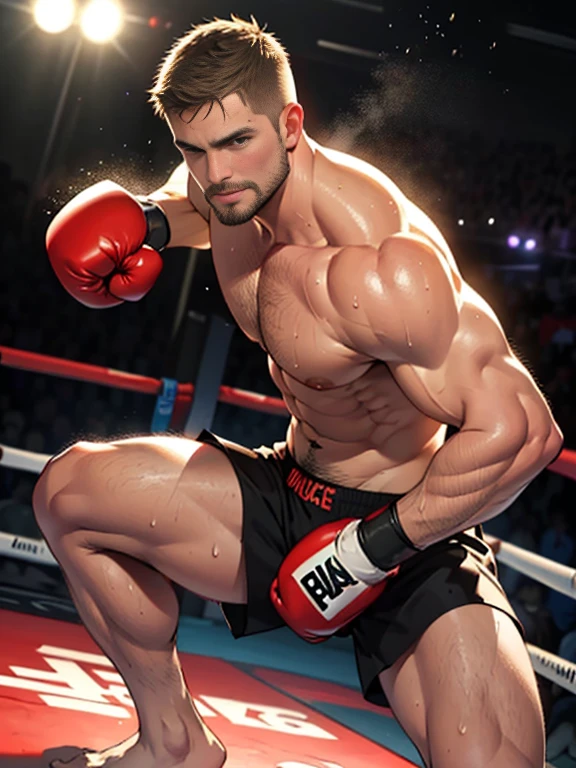 y matddy,stephen amell ,dark blond hair, stubble,beard and sexy moushe ,muscular , best quality, masterpiece, ultra high resolution, Detailed background, realism, illustration, single, muscles, Volumetric lighting, depth of field, beard, flow,wearing a boxing short , shirtless showing hard nipples , hue, boxing gloves ,, martial artist, flow sweat, short dark blond hair, perfect eyes, barefoot, Boxing pose in the ring