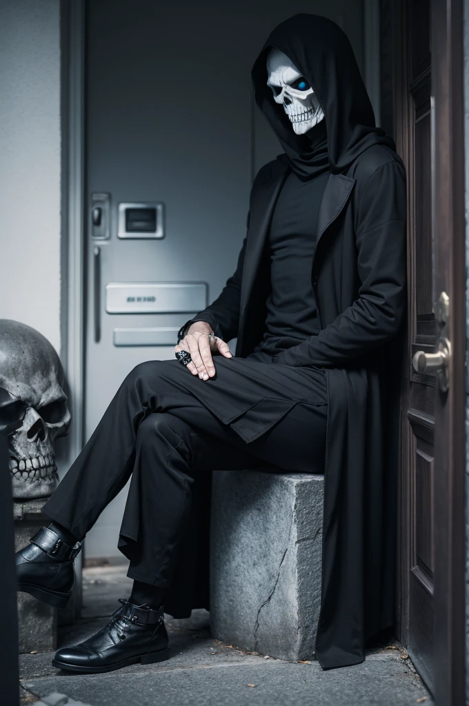 naughty man, skeletor, sitting at the cemetery door, wearing black, holding a cane 