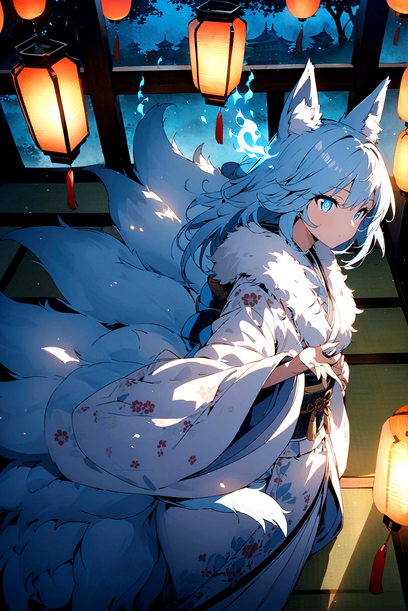 fox Light blue hair beast girl indigo fur fox beast girl fox Light blue hair beast girl indigo fur fox beast girl Wallpaper 4k,8k,highly detailled,,vivid colors,detailed kitsune with 9 tails,traditional Japanese artwork,tatami floor,beautiful cherry blossoms,floating lanterns,dark silhouette of a pagoda,subtle moonlight,dense forest,ethereal atmosphere,dappled sunlight,whimsical spirit,serene expression,elaborate kimono and obi,delicate hand-painted details,luminous eyes Anime Style fox blue White-faced golden-haired nine-tailed fox Coat blue mysterious background Blue Flame girl have a ball of light Anime Style fox blue White-faced golden-haired nine-tailed fox Coat blue mysterious background Blue Flame girl have a ball of light