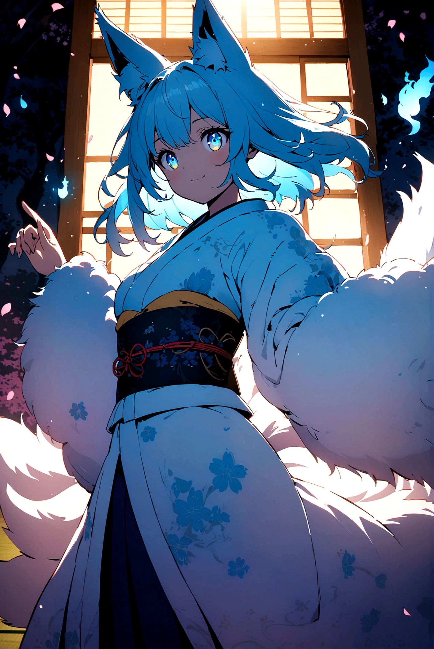 fox Light blue hair beast girl indigo fur fox beast girl fox Light blue hair beast girl indigo fur fox beast girl Wallpaper 4k,8k,highly detailled,,vivid colors,detailed kitsune with 9 tails,traditional Japanese artwork,tatami floor,beautiful cherry blossoms,floating lanterns,dark silhouette of a pagoda,subtle moonlight,dense forest,ethereal atmosphere,dappled sunlight,whimsical spirit,serene expression,elaborate kimono and obi,delicate hand-painted details,luminous eyes Anime Style fox blue White-faced golden-haired nine-tailed fox Coat blue mysterious background Blue Flame girl have a ball of light Anime Style fox blue White-faced golden-haired nine-tailed fox Coat blue mysterious background Blue Flame girl have a ball of light