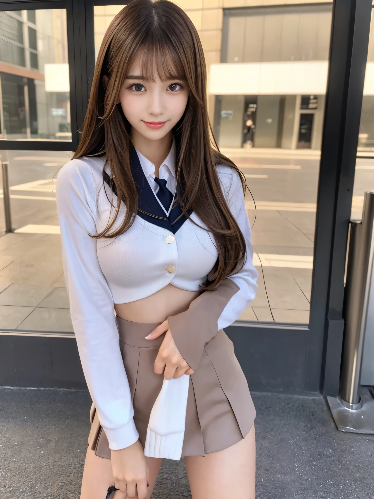 Photo taken by a professional photographer,laughter:1.5,Close-up of a woman squatting on the sidewalk, wearing a sweater, short cut brown hair, young and cute girl, Wearing a flared skirt,you can see her little white panties:1.5,Wear stylish boots,sit on a park bench:1.5,Flashy makeup with red eyeshadow,